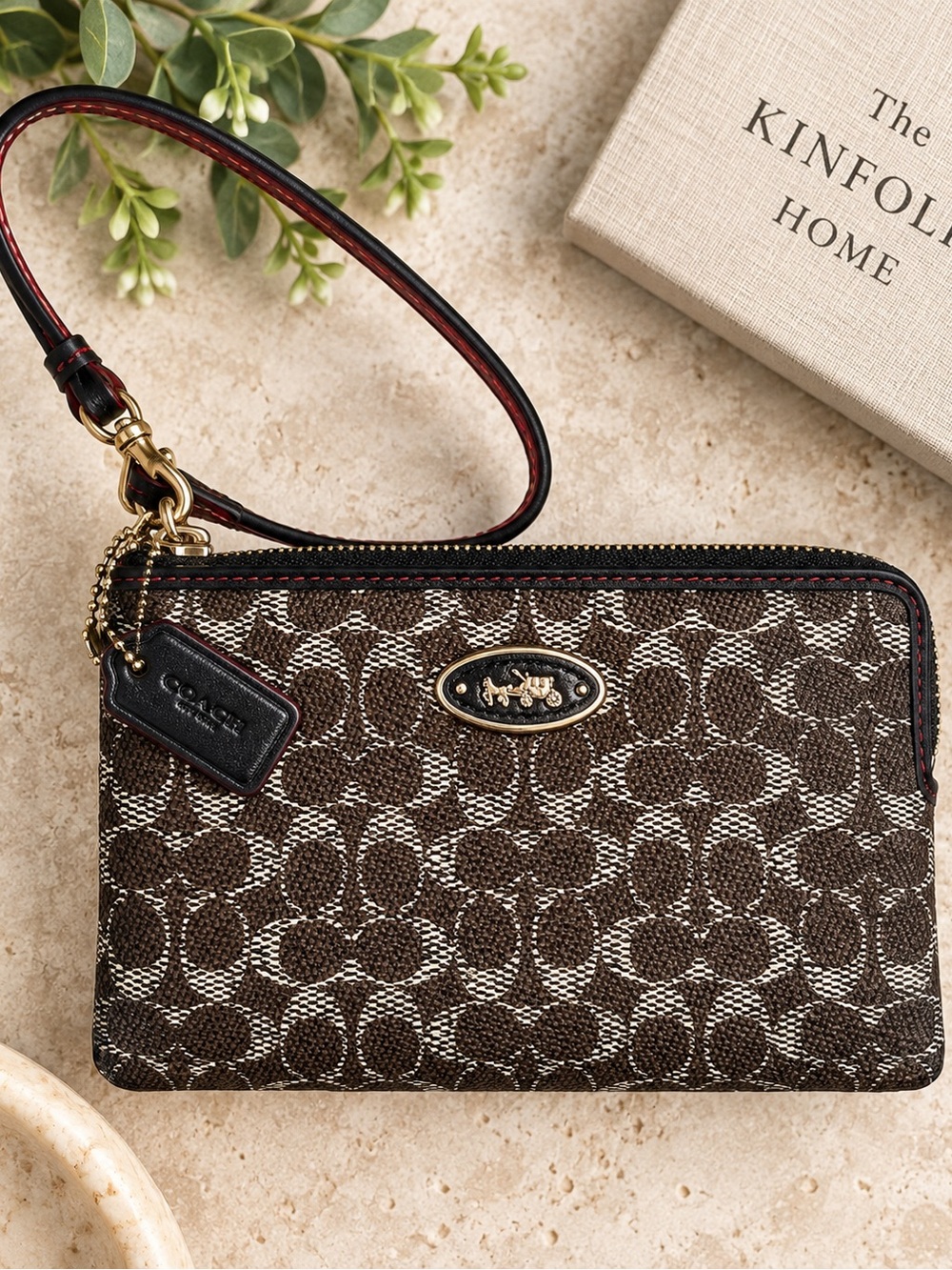 Coach Signature Jacquard Wristlet Black Brown Red Gold Zip
